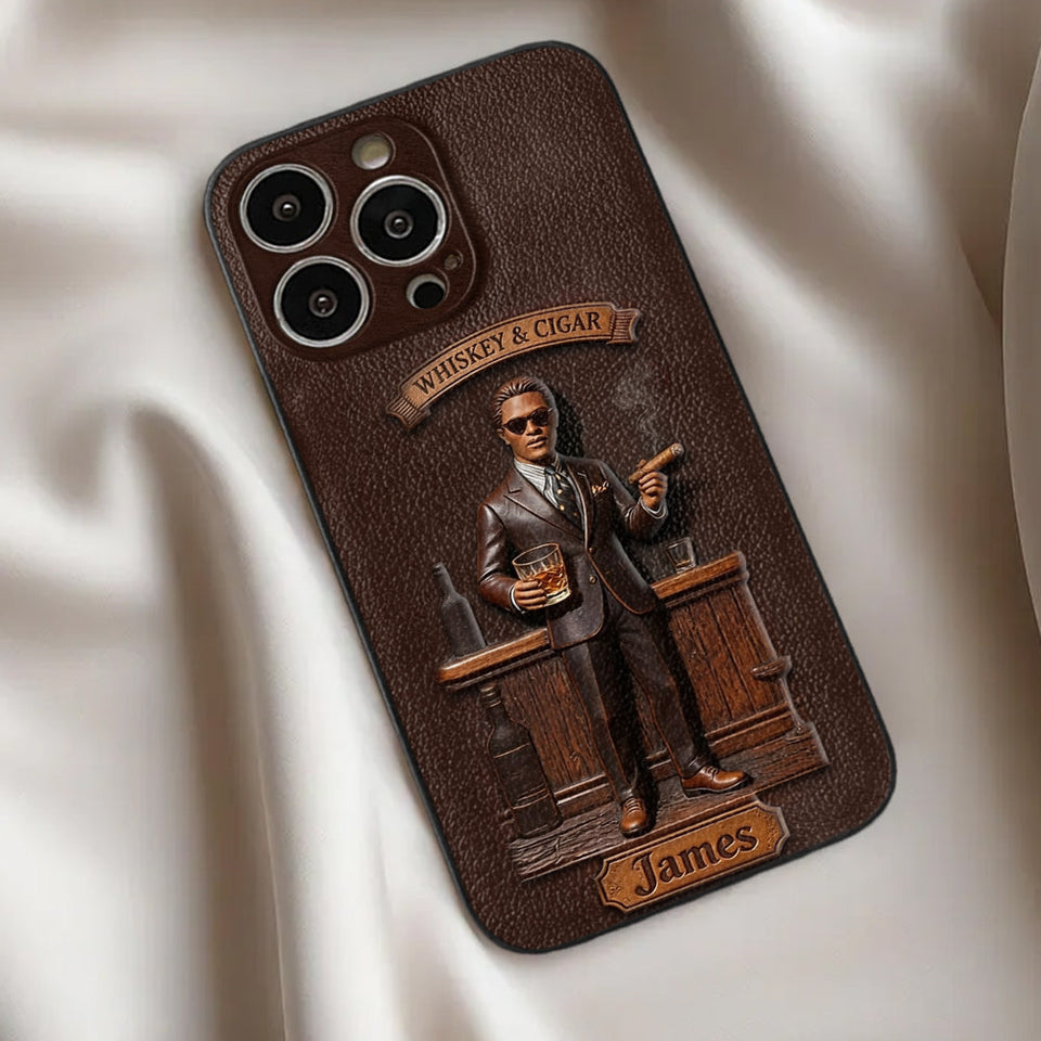 Whiskey And Cigar - Personalized Whisky 3D Embossed Leather Phone Case