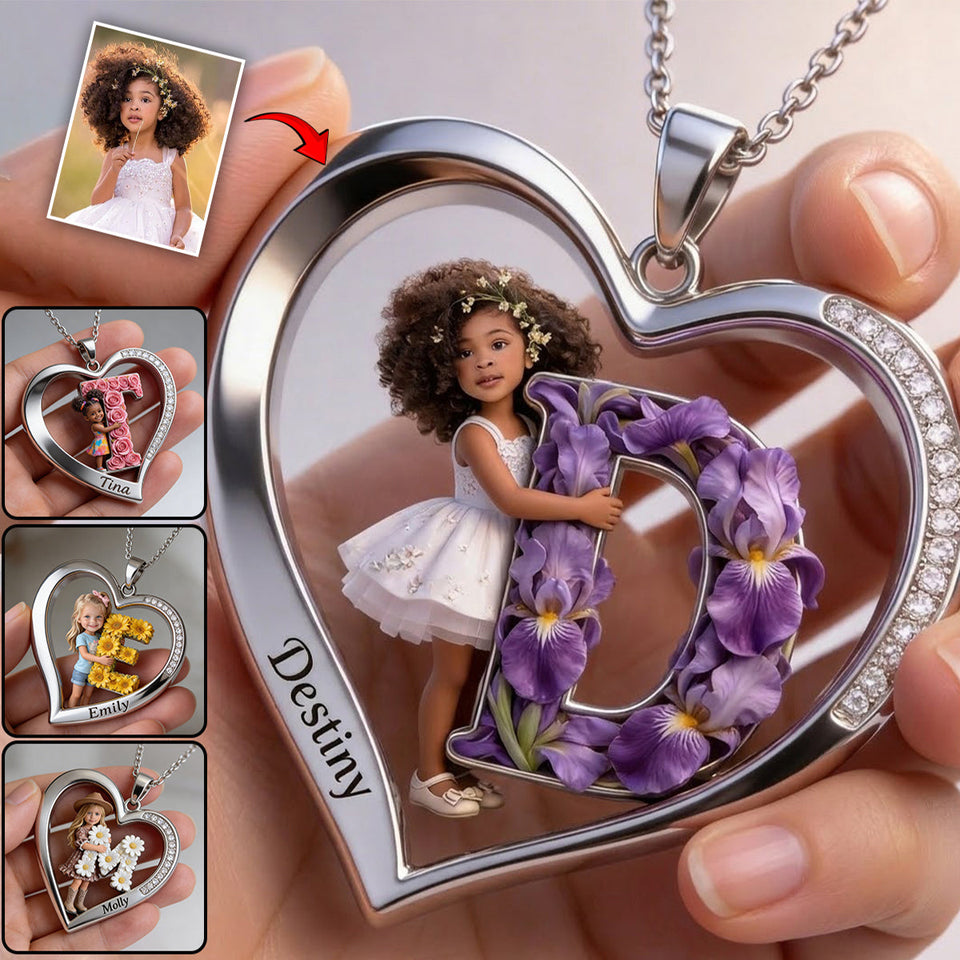 Custom Any Photo Floral Initial Name Letter - Personalized Kid Shaped Metal Pendant Necklace