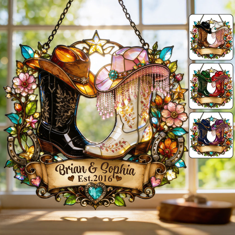 Western, Cowboy Cowgirl Couple Gift - Personalized Western Outfit Window Hanging Suncatcher Ornament
