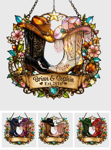Western, Cowboy Cowgirl Couple Gift - Personalized Western Outfit Window Hanging Suncatcher Ornament