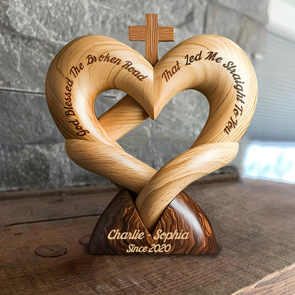 God Bless The Broken Road That Led Me Straight To You - Personalized Couple Custom Shaped Wood Plaque