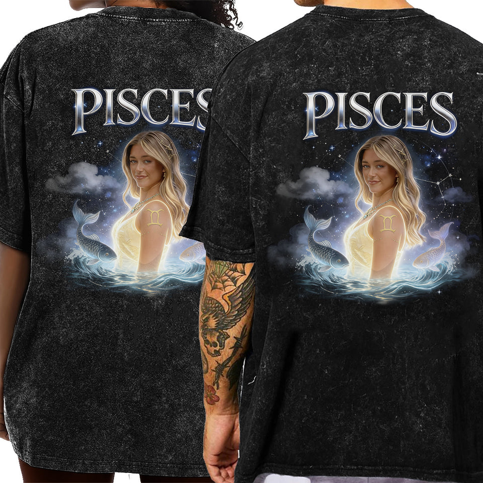 Custom Any Photo Zodiac Style - Personalized Horoscope Wash T-Shirt