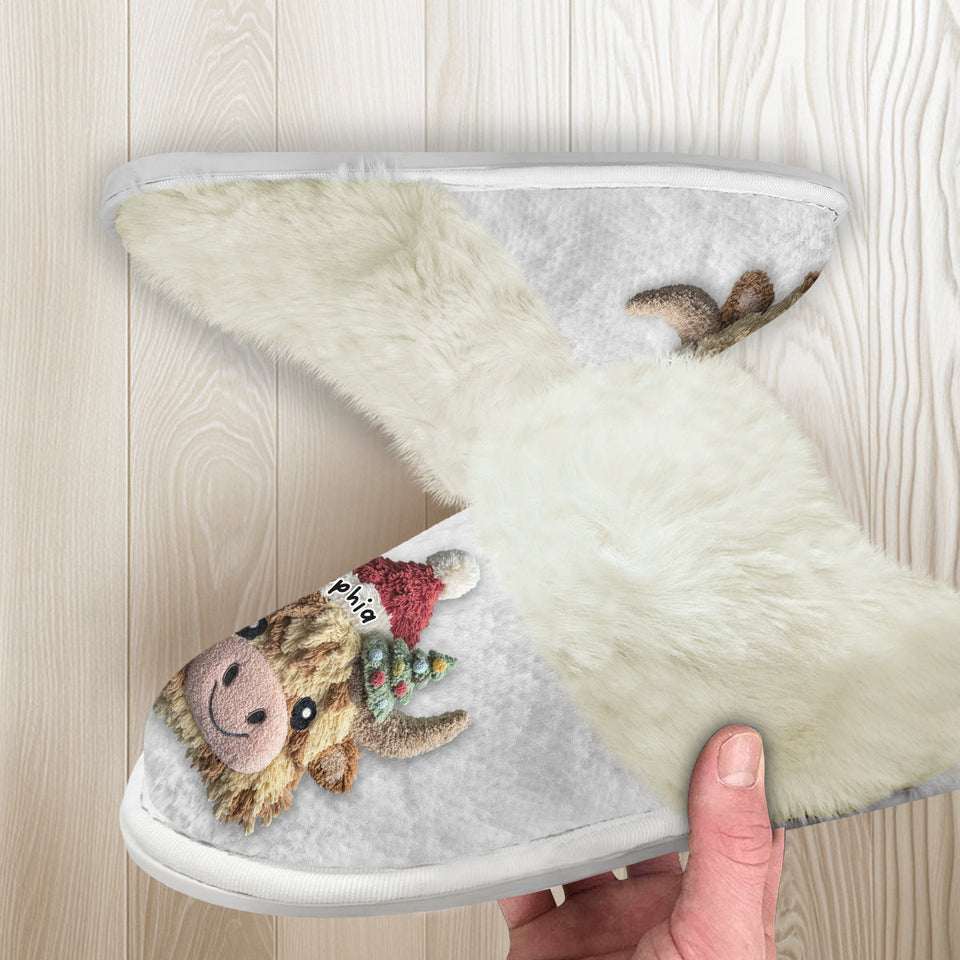 Cute Highland Cow - Personalized Highland Cow Slippers With Fur Lining