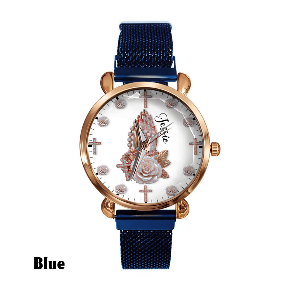 Praying Hands With Roses - Personalized Christian Women Hand Watch