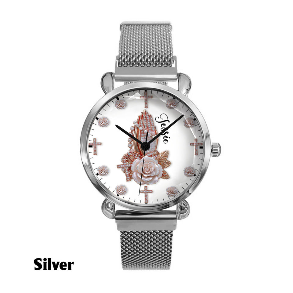 Praying Hands With Roses - Personalized Christian Women Hand Watch