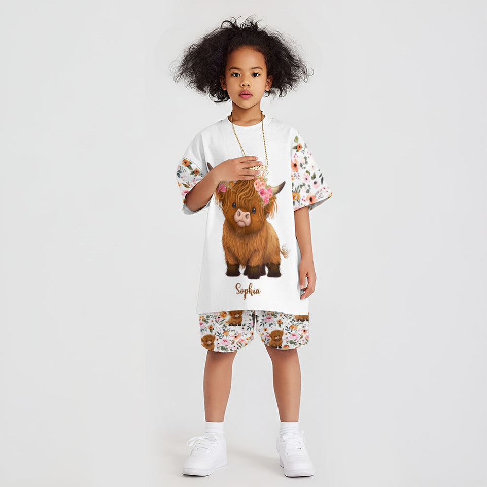 Floral Highland Cow - Personalized Highland Cow Kid T-shirt & Shorts