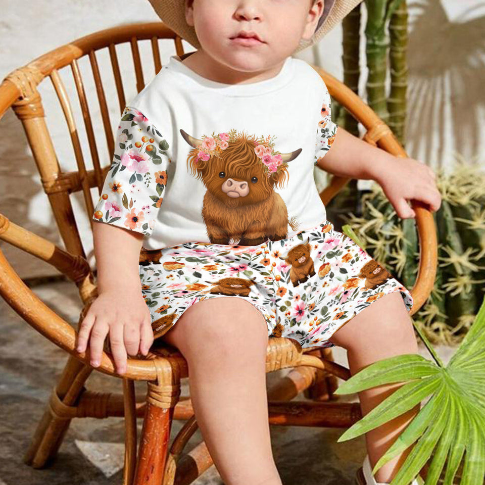 Floral Highland Cow - Personalized Highland Cow Kid T-shirt & Shorts