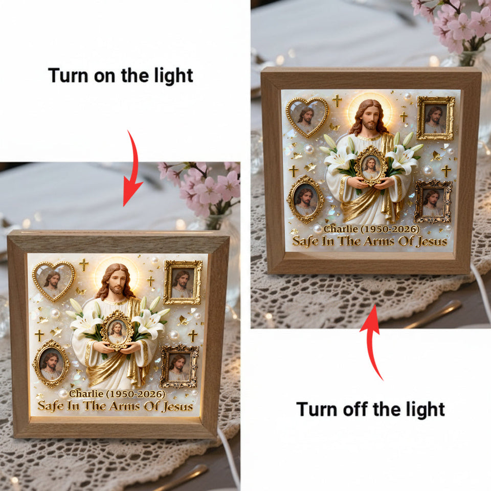 Save In The Arms Of Jesus - Personalized Memorial Wooden Frame LED Light