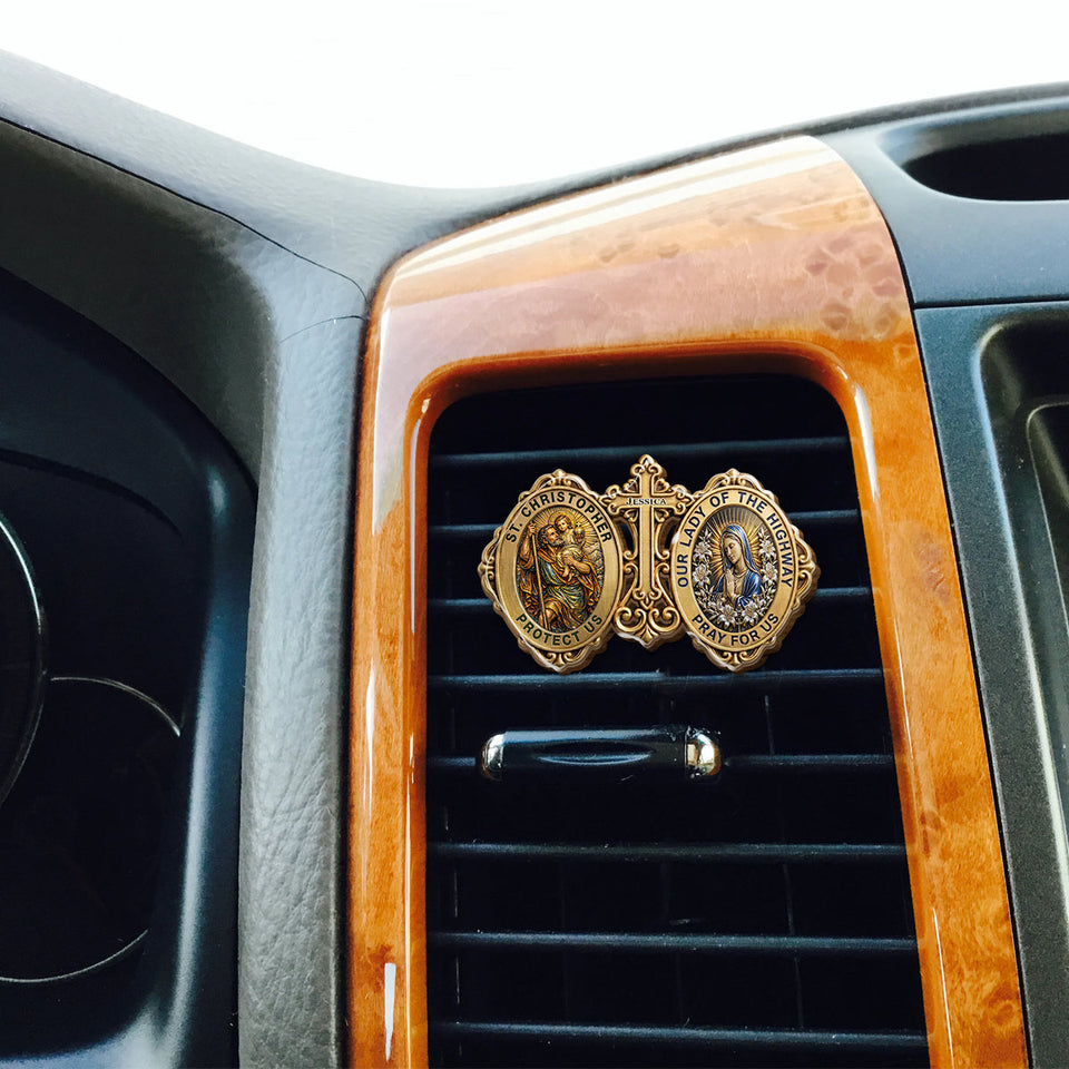 Protecting And Pray For Us - Personalized Christian Shaped Car Visor Clip