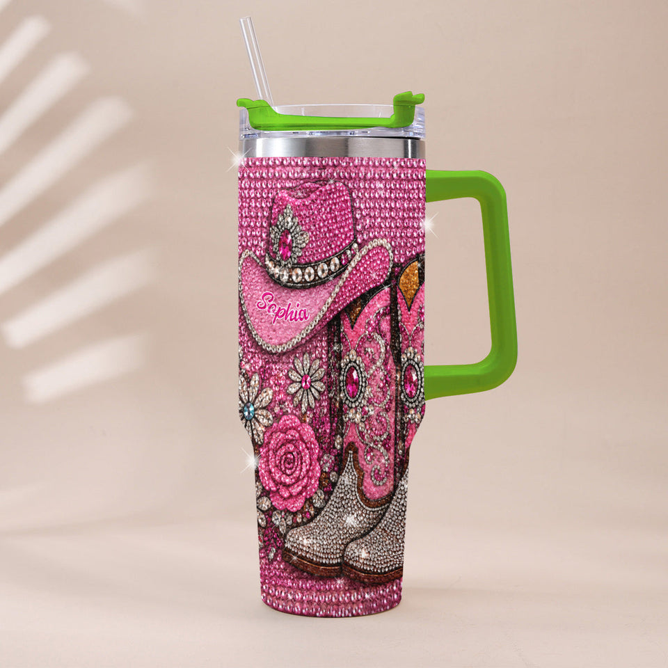 Cowgirl Boots - Personalized Cowgirl Rhinestone Tumbler With Plush Charm
