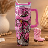 Cowgirl Boots - Personalized Cowgirl Rhinestone Tumbler With Plush Charm