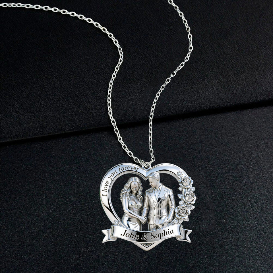 Couple Valentine Gift, I Love You Forever - Personalized Couple Shaped Metal Pendant Necklace