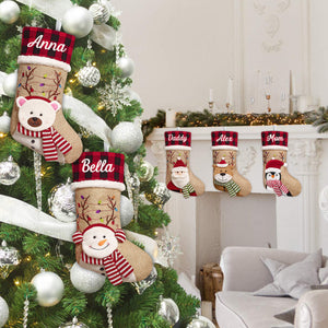 Holiday Vibes Santa Reindeer Elf Bear Snowman - Personalized Family Shaped Christmas Stocking