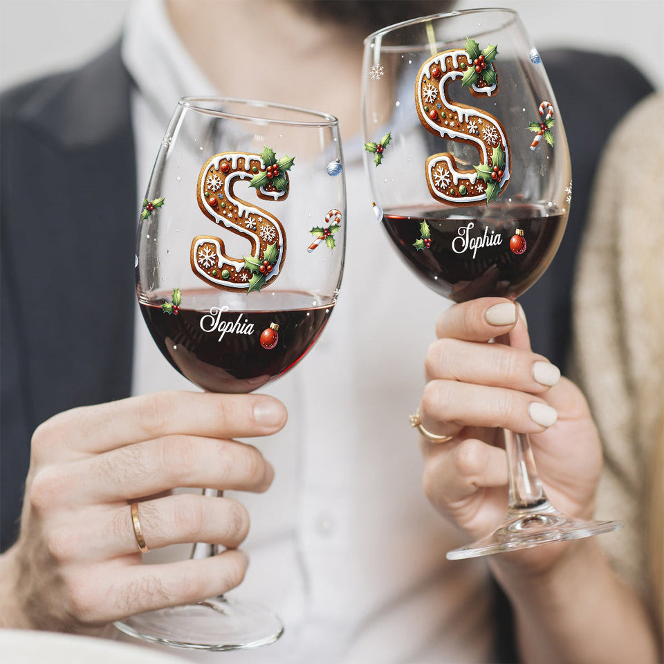 Gingerbread Letter - Personalized Family Wine Glass With Long Stem