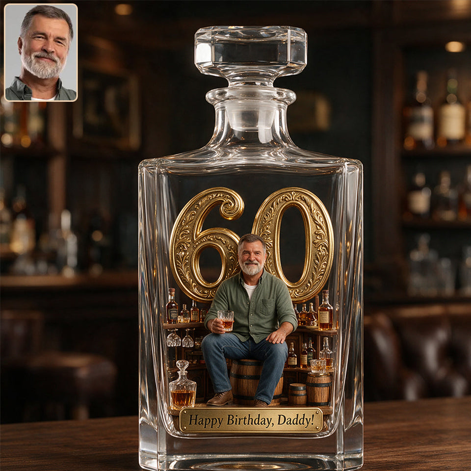 Birthday Gift For Him Dad.... Custom From Any Photo - Personalized Birthday Whiskey Decanter Set
