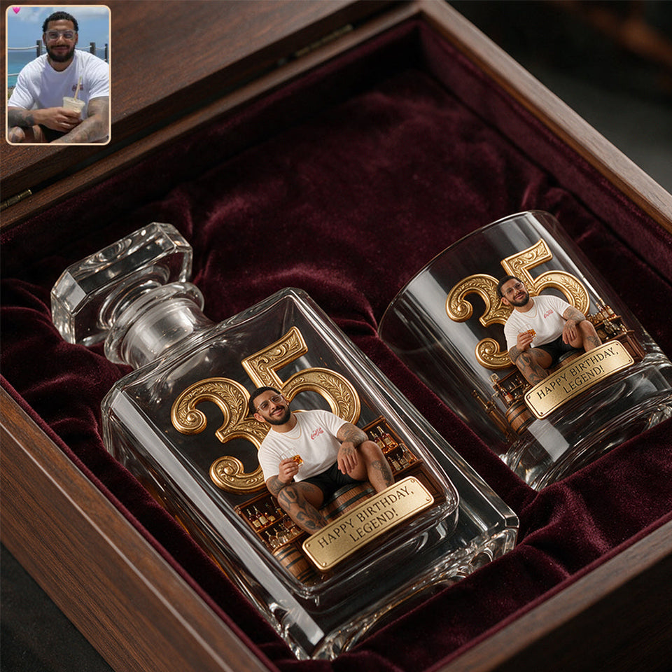 Birthday Gift For Him Dad.... Custom From Any Photo - Personalized Birthday Whiskey Decanter Set