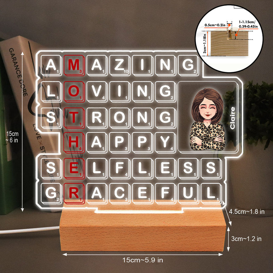 Mom Scrabble Tile - Personalized Mother's Day Mother Shaped Plaque Light Base