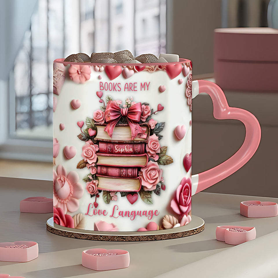 Books Are My Love Language - Personalized Book Heart Handle Mug