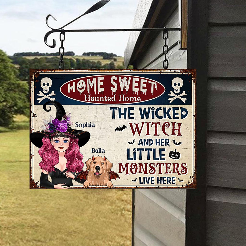 The Wicked Witch And Her Little Monsters Live Here - Personalized Witch Rectangle Metal Sign