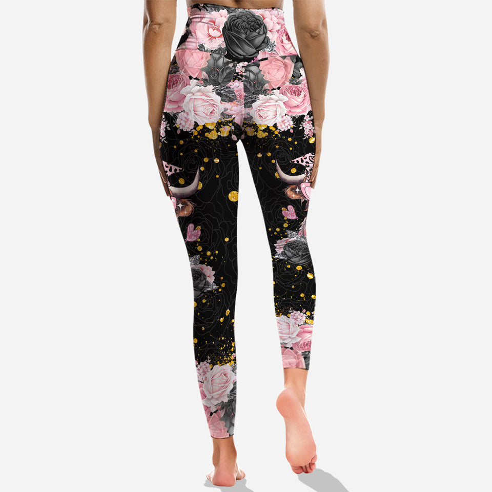 Black And Pink - Personalized Highland Cow Hoodie and Leggings