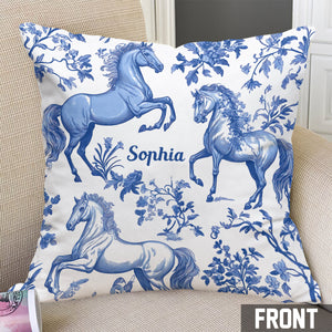 Horse Blue & White Toile de Jouy - Personalized Horse Throw Pillow