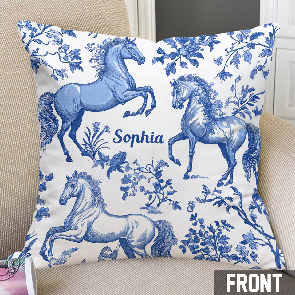 Horse Blue & White Toile de Jouy - Personalized Horse Throw Pillow