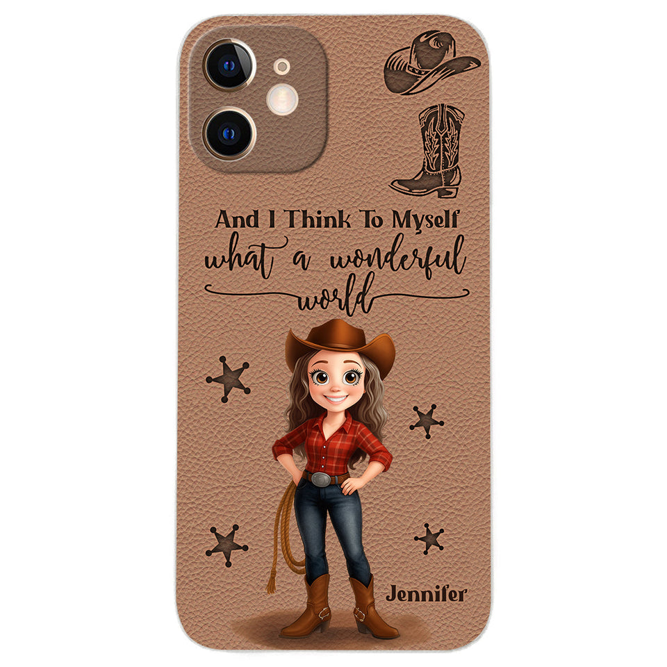 Cowgirl What A Wonderful World - Personalized Cowgirl Leather Phone Case