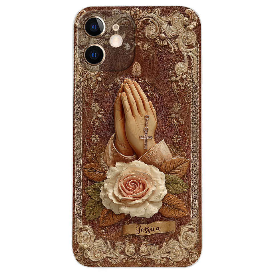 Praying Hands With Roses - Personalized Christian Leather Phone Case