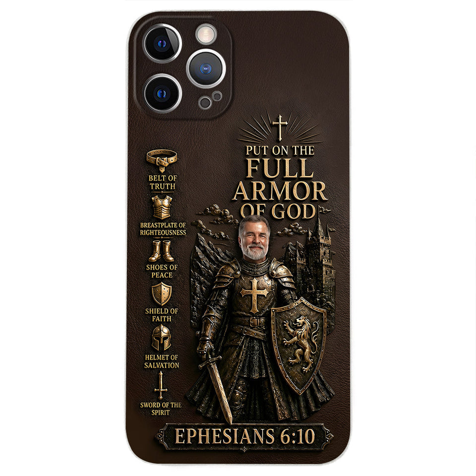 Put On The Full Amor Of God, Gift for Christians - Personalized Christian 3D Embossed Leather Phone Case