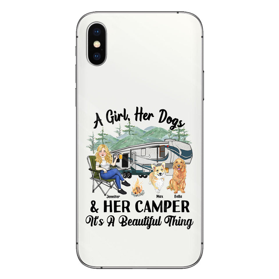 A Girl Her Dog And Her Camper - Camping gift for dog lover - Personalized Clear Phone Case