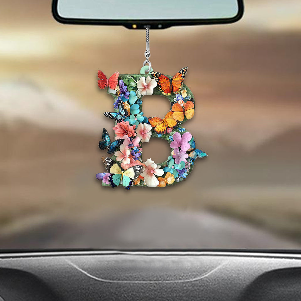 Flowers And Butterflies Letter - Personalized Butterfly Car Ornament