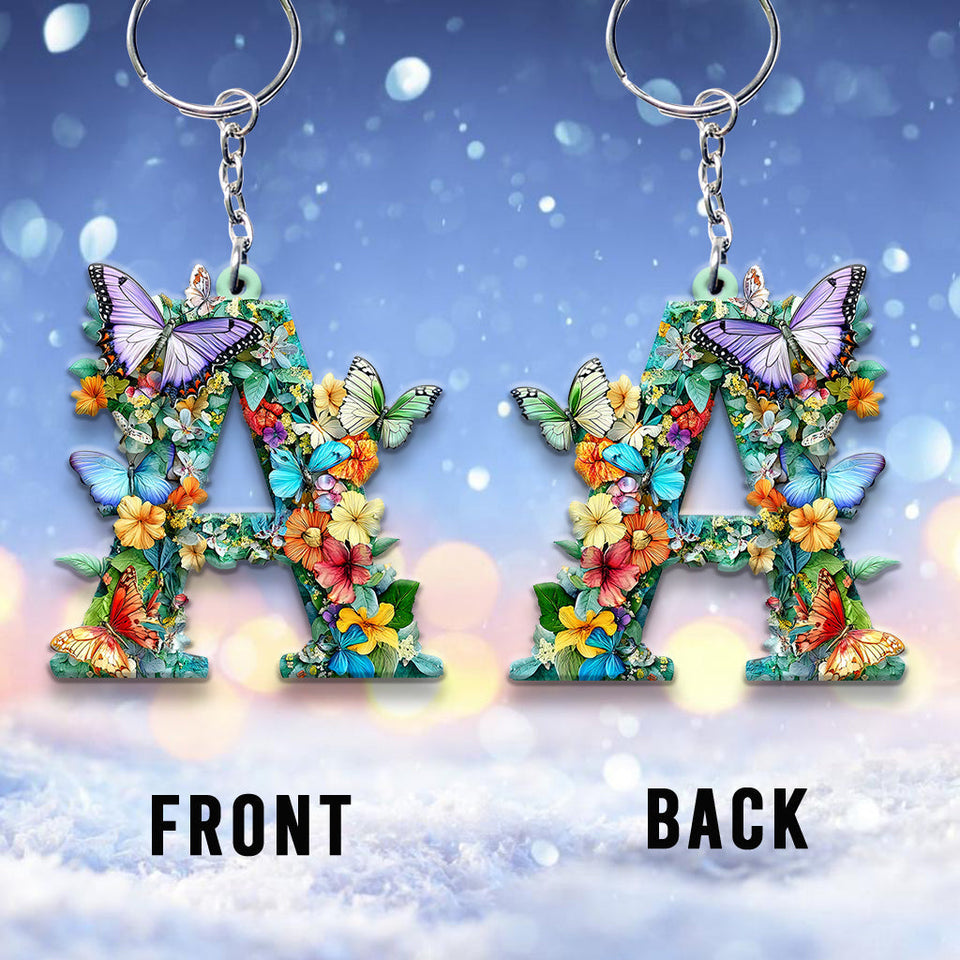 Flowers And Butterflies Letter - Personalized Butterfly Keychain