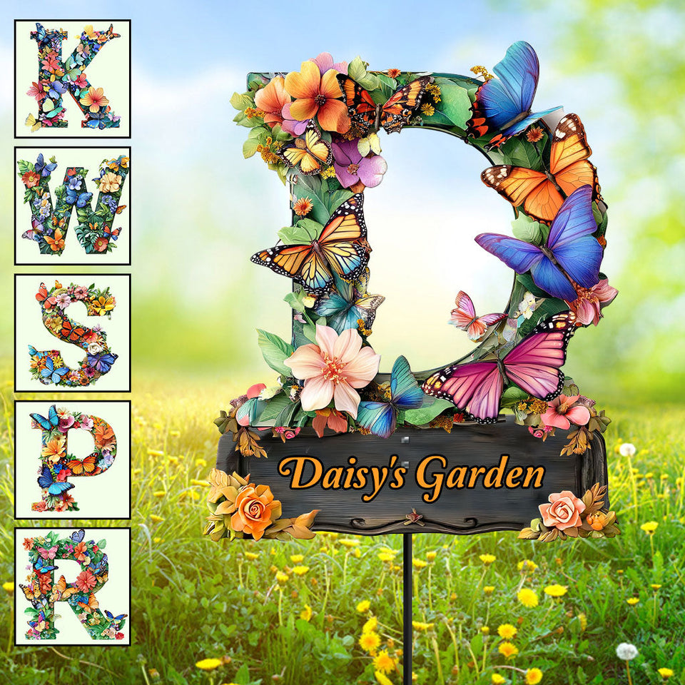 Flowers And Butterflies Letter - Personalized Gardening Metal Garden Art