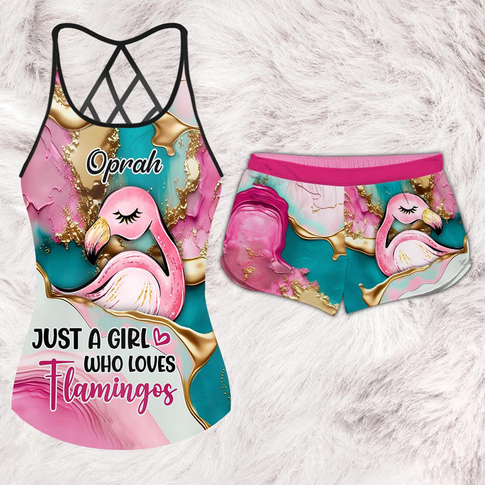 Tropical Vibes Pink Flamingo - Personalized Flamingo Cross Tank Top and Women Shorts
