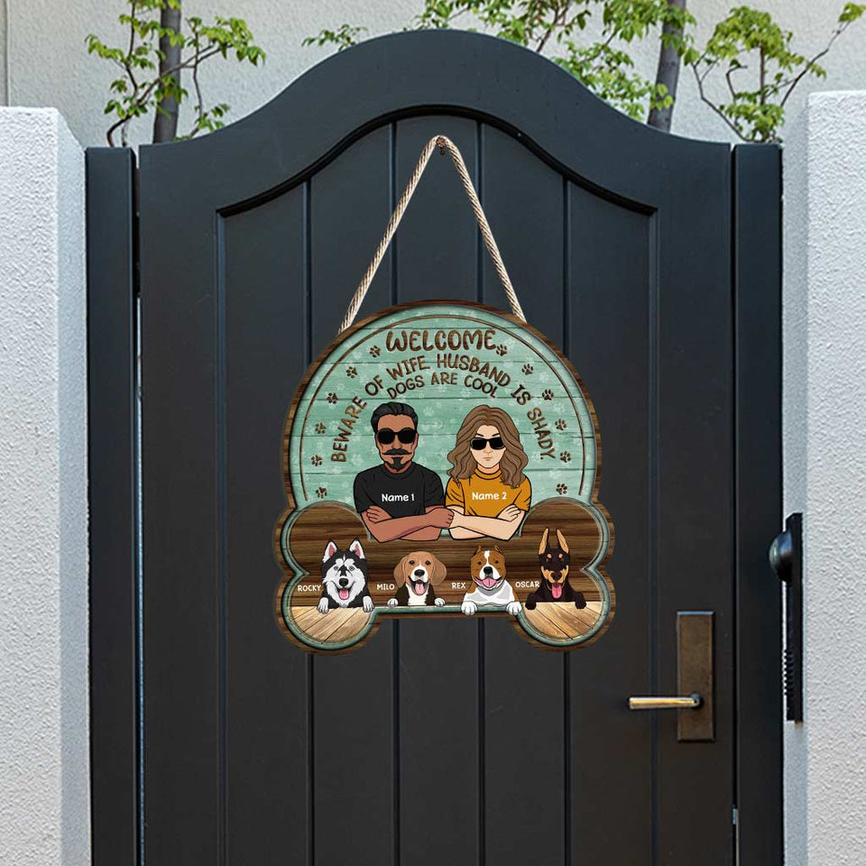 Welcome Be Aware Of Owners - Personalized Christmas Dog Wood Sign