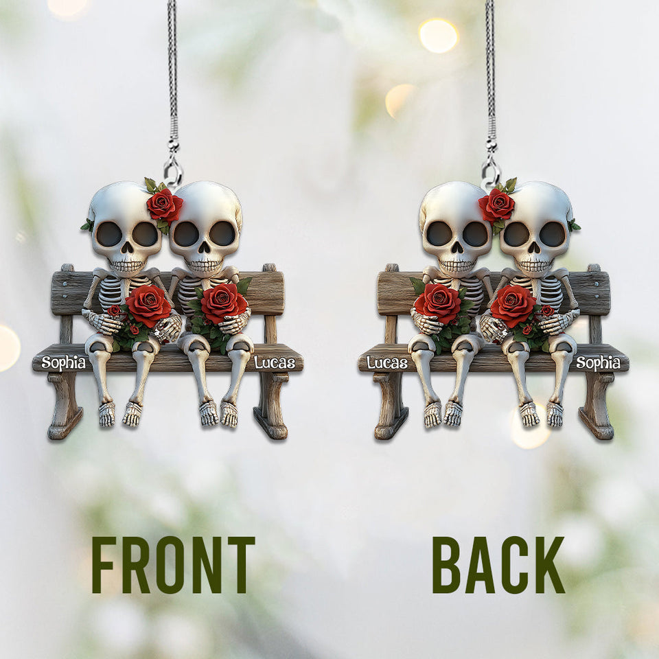 Skull Couple With Red Roses - Personalized Couple Car Ornament