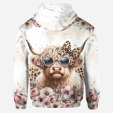 Cool Cow With Leopard Glasses - Personalized Highland Cow Hoodie and Leggings