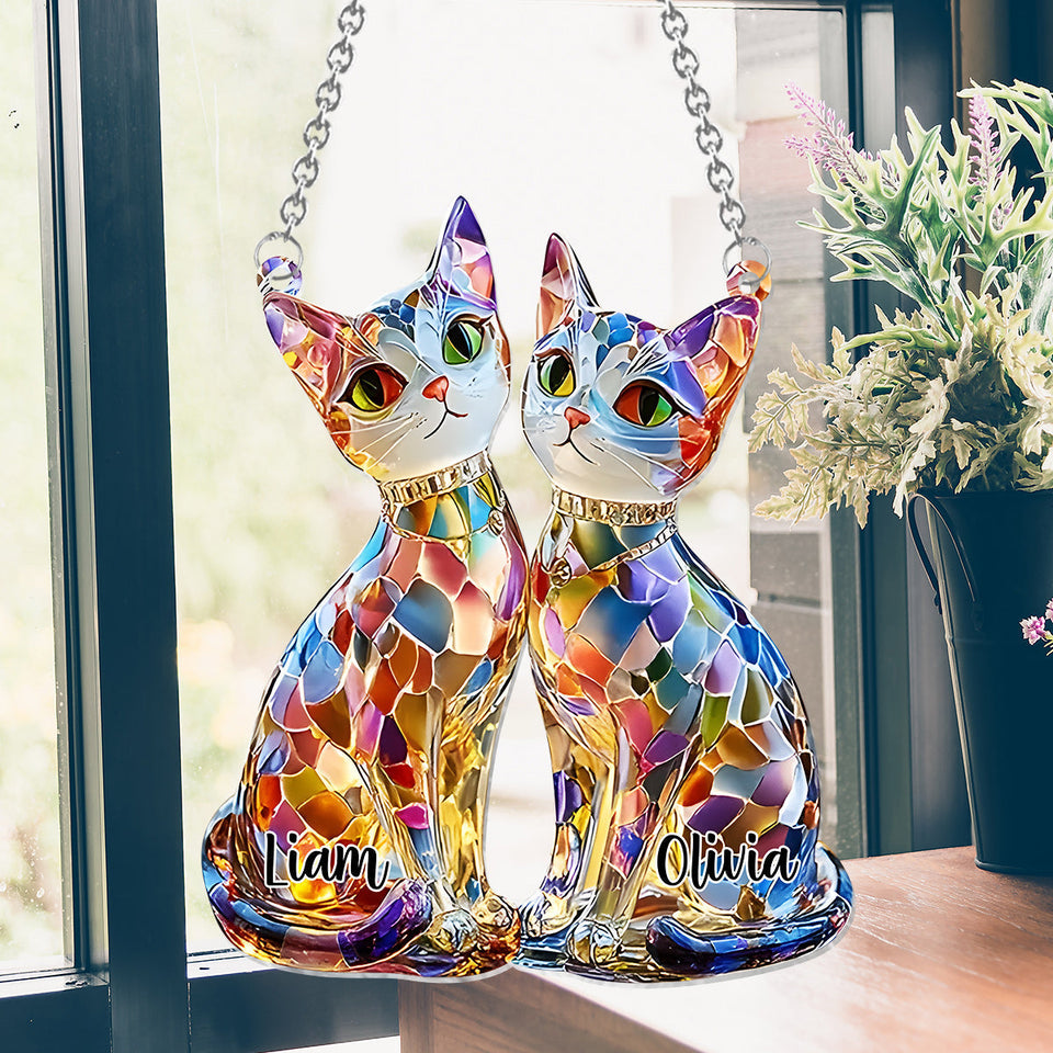 Boho Chic Cute Cats - Personalized Cat Window Hanging Suncatcher Ornament