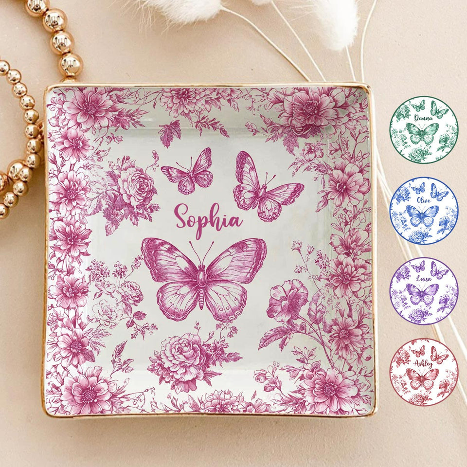 Pink Toile Butterfly - Personalized Butterfly Fully Printed Jewelry Dish