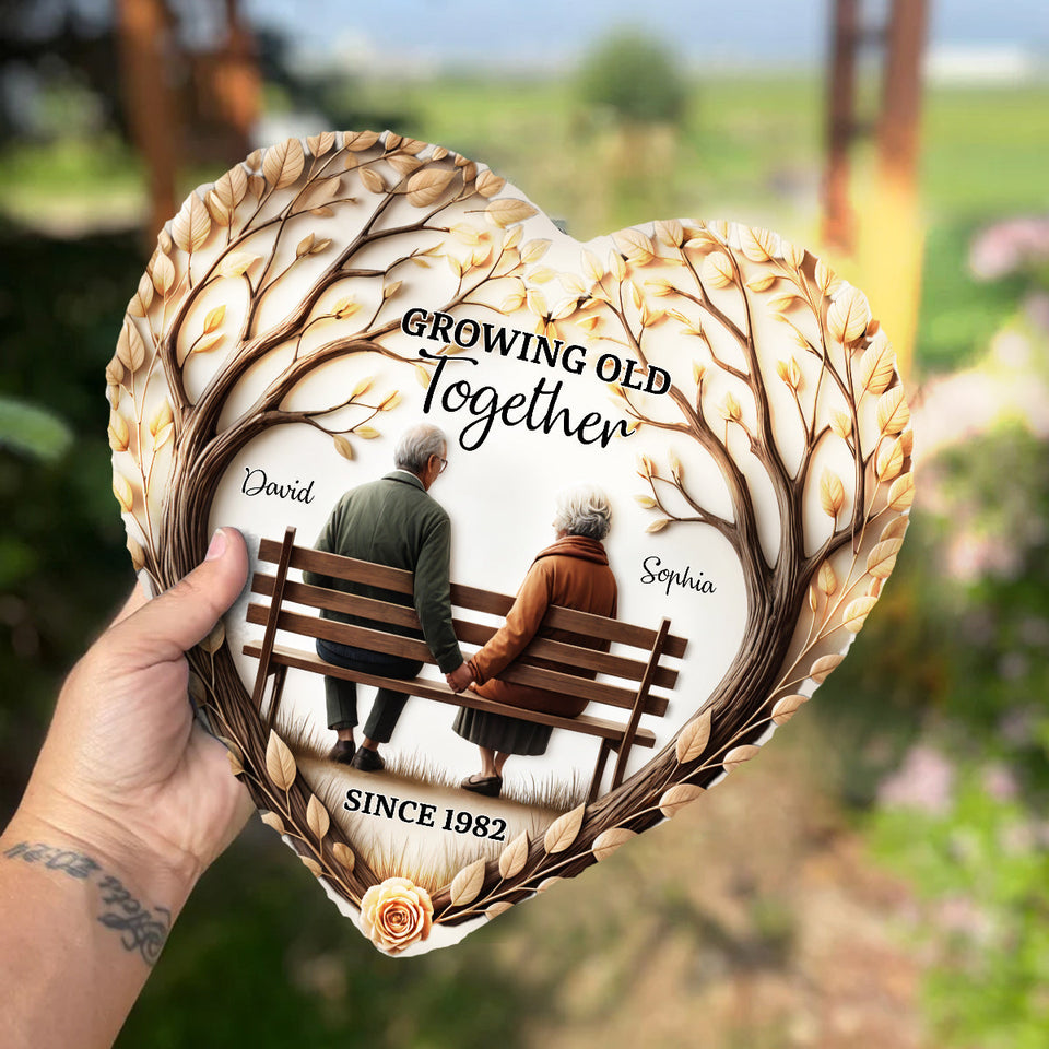 Growing Old Together - Personalized Couple Heart Shaped Stone