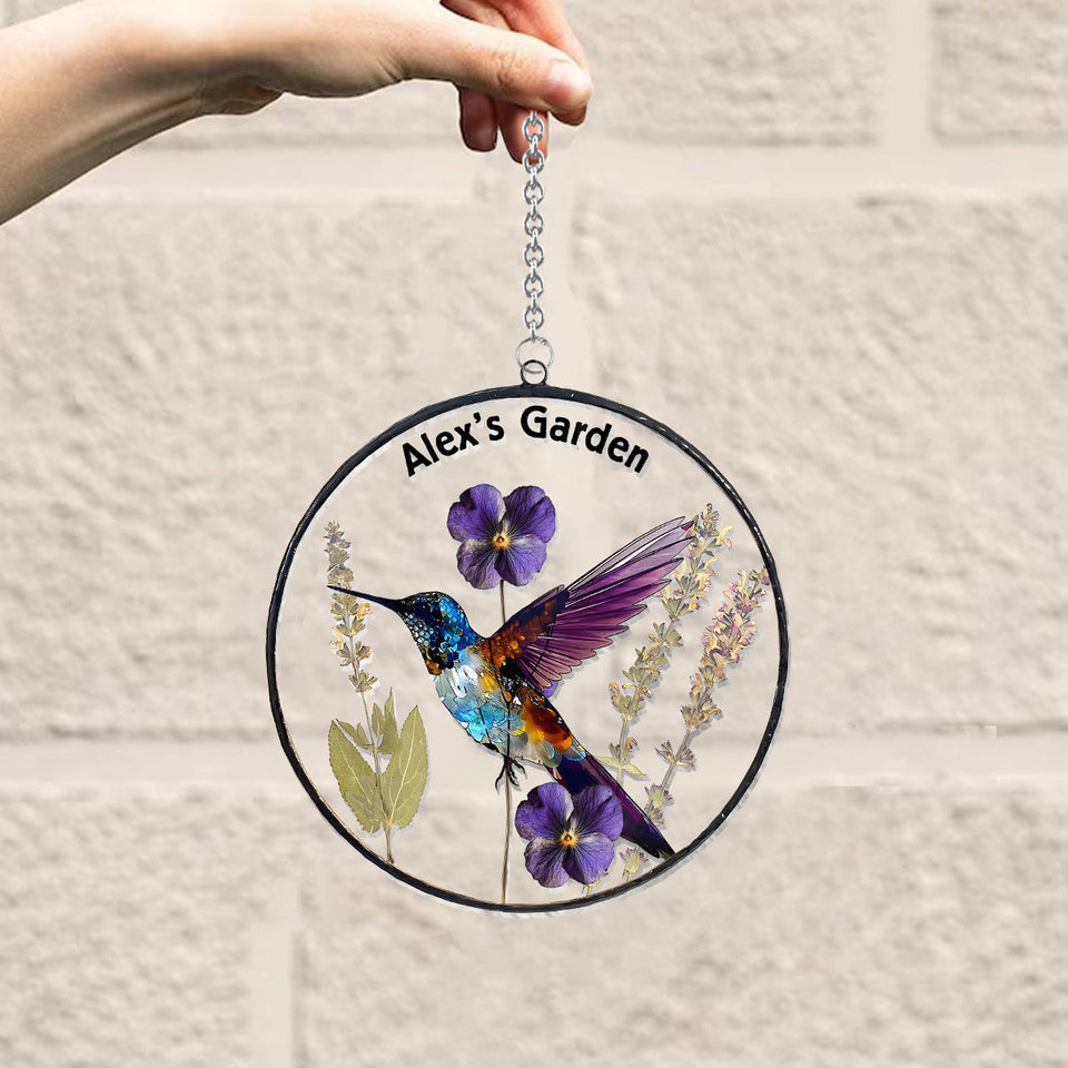 Dry Birth Flowers, Stunning Glass Humming Birth - Personalized Gardening Window Hanging Suncatcher Ornament