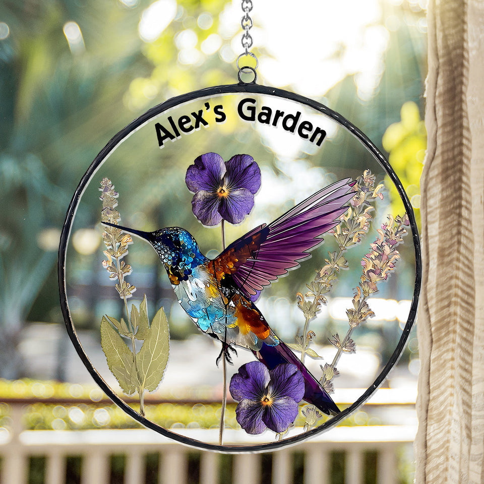 Dry Birth Flowers, Stunning Glass Humming Birth - Personalized Gardening Window Hanging Suncatcher Ornament