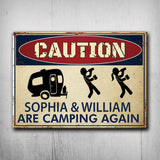 Caution Camping Again - Personalized Rectangle Metal Sign 1121
