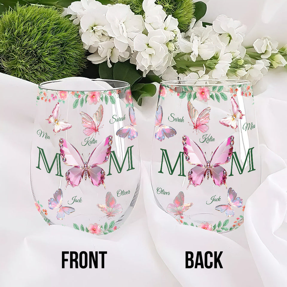 Mom And Children Butterflies - Personalized Mother All Over Wine Glass