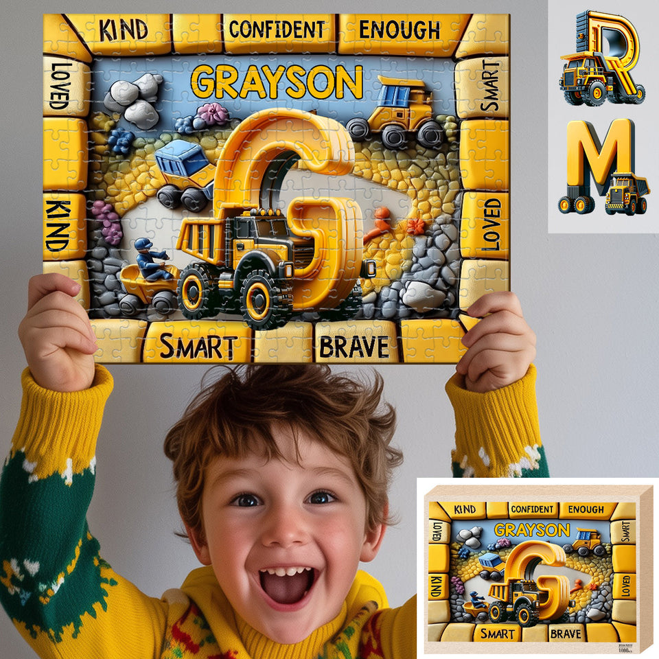 Construction Vehicles Letter Gift For Grankids - Personalized Kid Jigsaw Puzzle