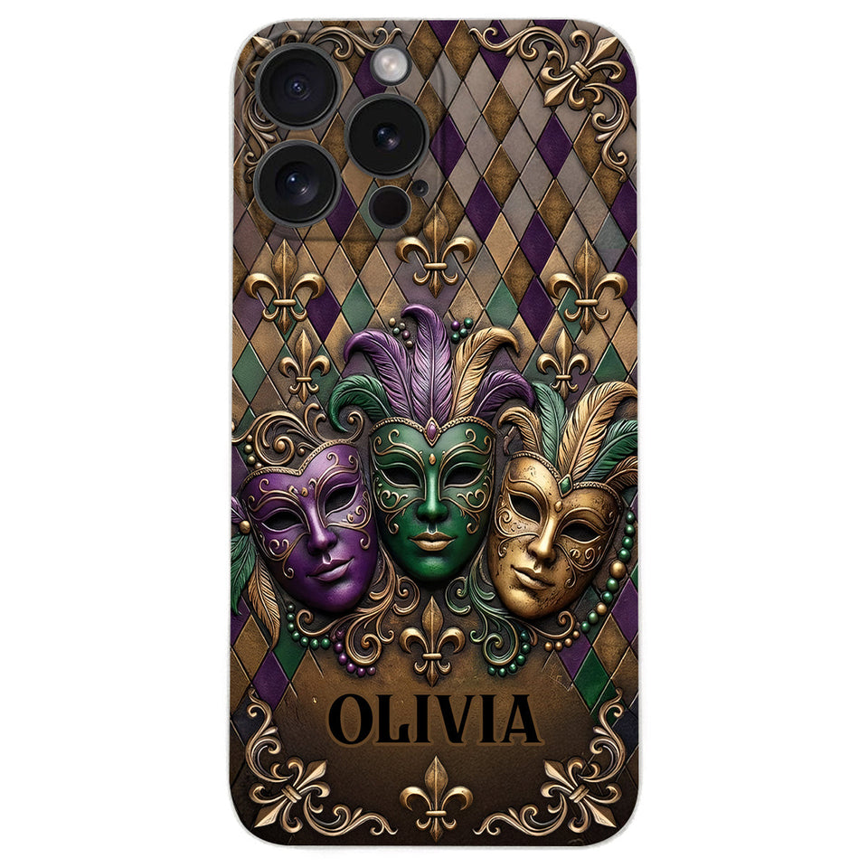 Mardi Gras Fleur de Lis - Personalized Mardi Gras Leather Phone Case