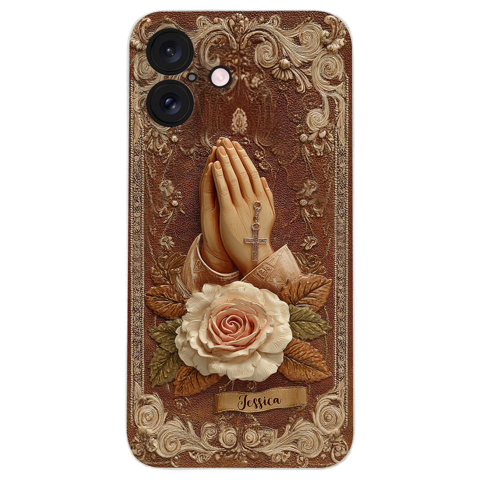 Praying Hands With Roses - Personalized Christian Leather Phone Case