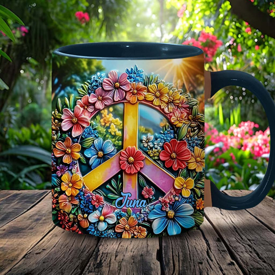 Floral Peace Sign - Personalized Hippie Accent Mug