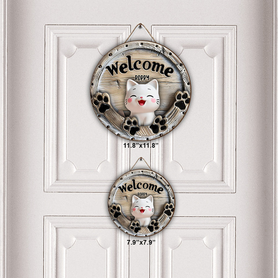 Welcome Cute Cats - Personalized Cat Round Wood Sign
