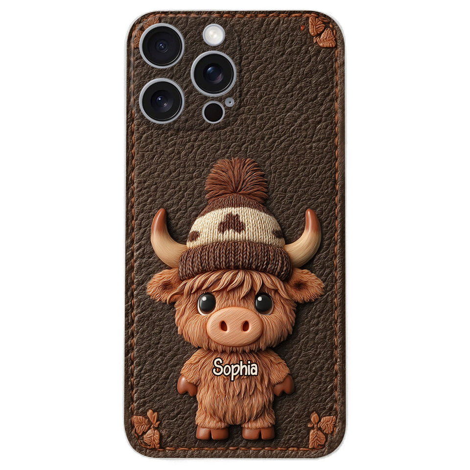 Love Highland Cows - Personalized Highland Cow Leather Phone Case